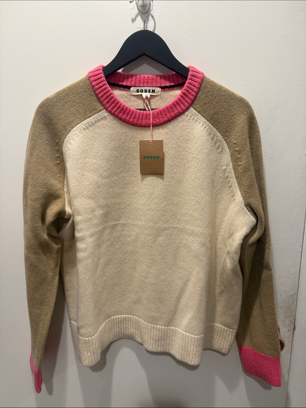 Boden Colorblock Crewneck Sweater in Cream, Tan & Pink Trim